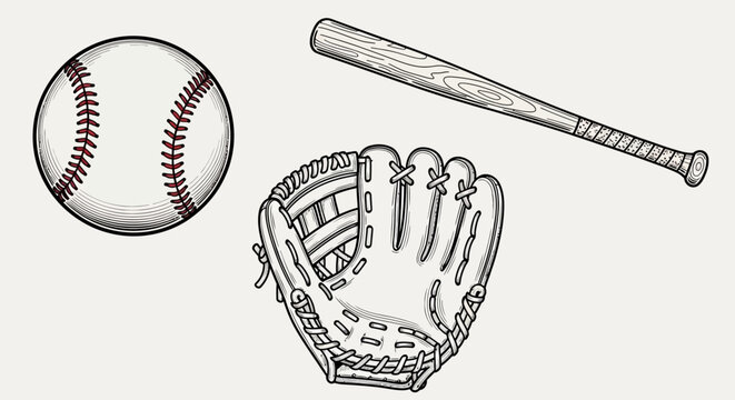 Baseball equipment vector illustration: white ball with red stitches, wooden bat, and leather glove, isolated on white