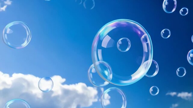 Soap bubbles floating against the vibrant blue sky with fluffy white clouds creating a serene, cheerful, and playful atmosphere.