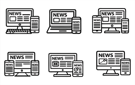 Digital News Media Icons. Online News Concept. Digital Journalism Icons Set &ndash; Online Journalism on Desktop and Mobile Devices