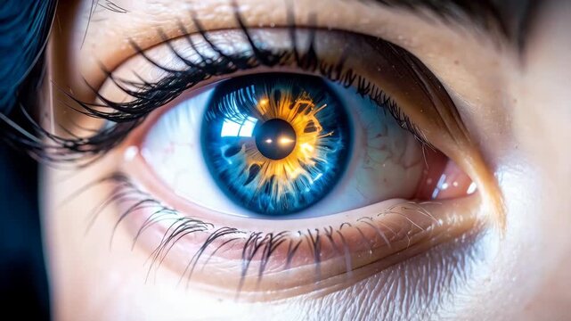 Intense macro shot showcasing human eye with detailed blue iris and abstract gold patterns radiating from pupil with dark lashes.