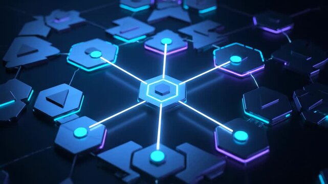 Abstract animation of a digital network with glowing hexagonal nodes. Visualizes data, blockchain, and modern tech concepts.