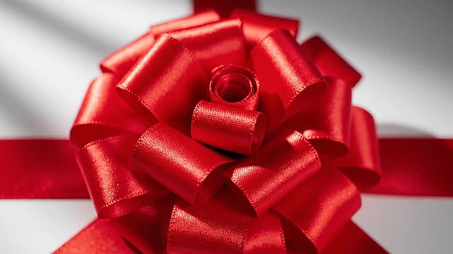 Close up of a festive red bow on white background with shadows