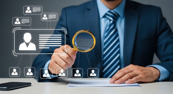 Man in suit examines digital organizational chart with magnifying glass golden handle