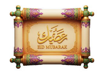 Eid mubarak greeting card with arabic calligraphy on decorative scroll isolated on transparent background