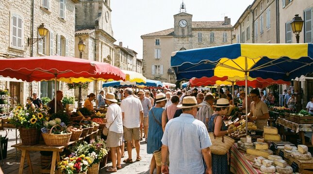 Bustling outdoor market in historic European town square, shoppers browse cheese produce and flowers under colorful awnings, lively summer travel mood