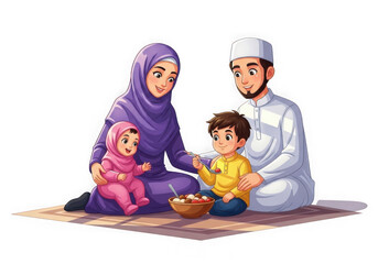 Muslim family with two children sitting on the floor eating together isolated on transparent background