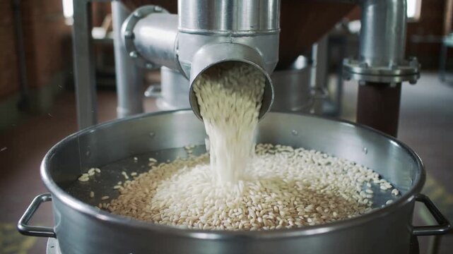 Industrial process of raw rice grain falling from stainless steel machinery into large metal container for food packaging line at modern plant site.
