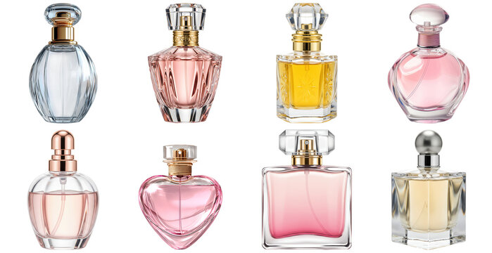luxurious photograph showcasing an elegant collection of assorted perfume bottles with unique designs and colors.