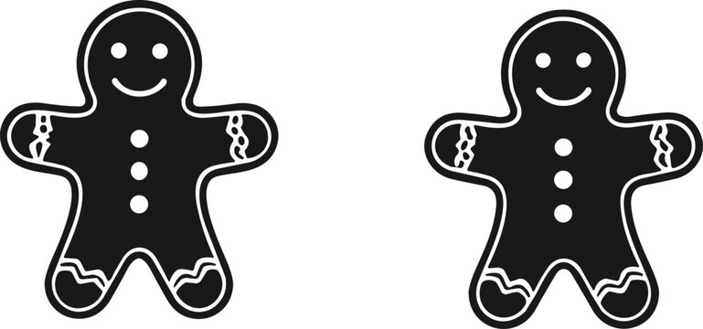 Black gingerbread man silhouette vector illustration, festive Christmas holiday cookie design, decorative seasonal art elements with icing details
