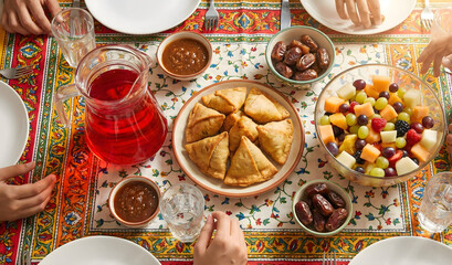 Top View of Family Iftar Table with Samosas, Dates, and Fruit Salad on Traditional Cloth for Ramadan Dinner