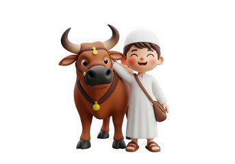 A cartoon boy in white clothes standing next to a brown bull isolated on transparent background