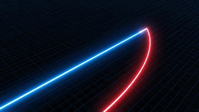 Abstract animation of glowing blue and red neon lines moving and intersecting on a dark grid surface. Ideal for technology, data, or futuristic themes.