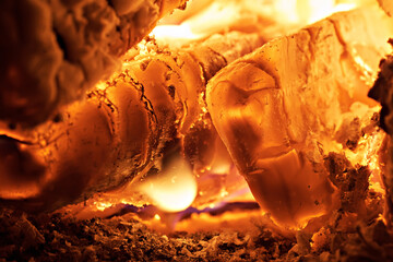 Burning firewood in a rural stove. Traditional stove in the countryside. Close-up