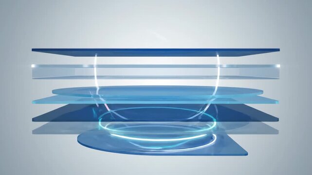 Abstract animation of transparent blue glass layers with glowing circular light effects. Perfect for technology, data, digital.