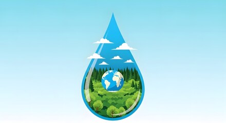 Fototapeta premium Environmental protection concept with Earth, forests, and clouds inside a water drop.