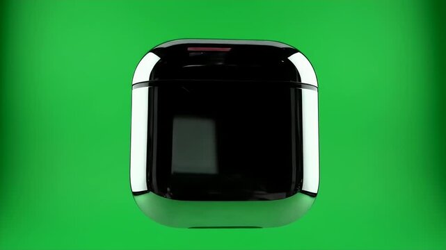 A shiny black object with rounded edges on a vibrant green background, reflecting light