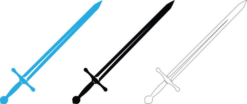 Medieval Sword Vector Set, Knight Longsword Weapon Silhouette and Outline Icon Collection