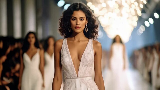 Fashion show featuring models walking runway in elegant white dresses, spotlights illuminate the stage, creating a modern luxurious ambiance