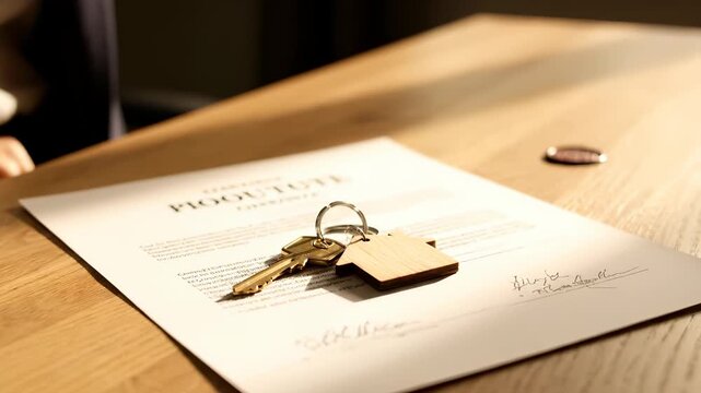 Placing house key on contract. Closeup shows key and document on table. Person signing sale document next to key. Scene suggests property purchase and mortgage. Agent hand offers key after signing.