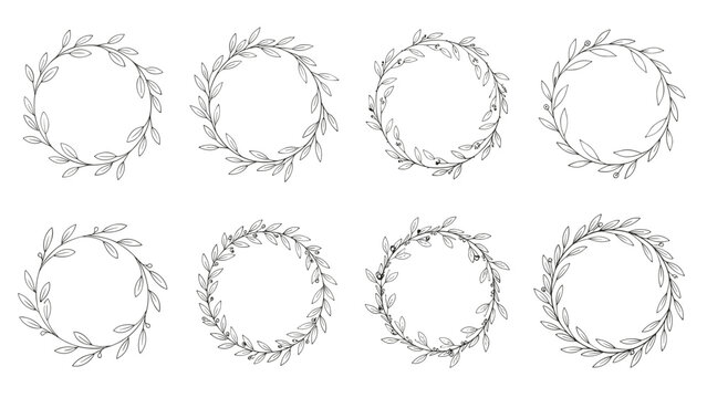 Set of eight different circular botanical wreaths made of delicate branches and leaves in a black and white sketch style.