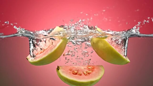 Vibrant pink guava slices gracefully plunge into crisp, clear water, creating an effervescent splash and dynamic motion, highlighting natural freshness and invigorating zest