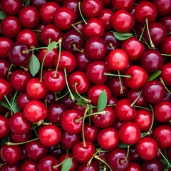 Abundant Fresh Red Cherries with Green Stems and Leaves, Top View of Summer Fruit Harvest