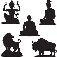 silhouette of people and animals in various poses