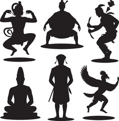 Silhouette of people in various poses and an eagle