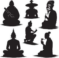 Silhouette of various Asian men in meditation and action poses