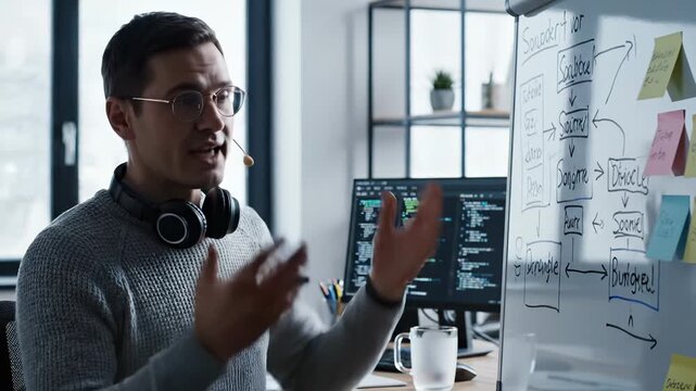 Developer explains workflow on whiteboard near computer with code display. Programmer presents project diagram at office. Developer shows workflow chart. Man explains code project on whiteboard.