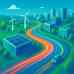 Bright colors show a car driving on a road by wind turbines and solar panels in a modern city scene