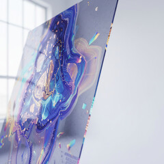 Creative digital art displaying an abstract colorful design with flowing shapes and textures in a bright room setting
