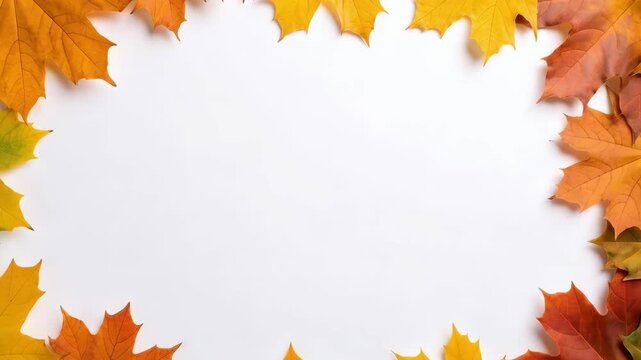 Autumn maple leaves frame a clean white backdrop, perfect for seasonal promotions and text overlays, showcasing fall colors