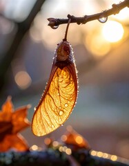 Nahaufnahme von  einem Ahornsamen, das im Herbst an einem Ast h&auml;ngt. Sch&ouml;ne Herbststimmung