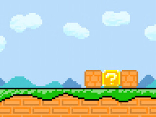 Retro Pixel Art Game Background with Question Box
