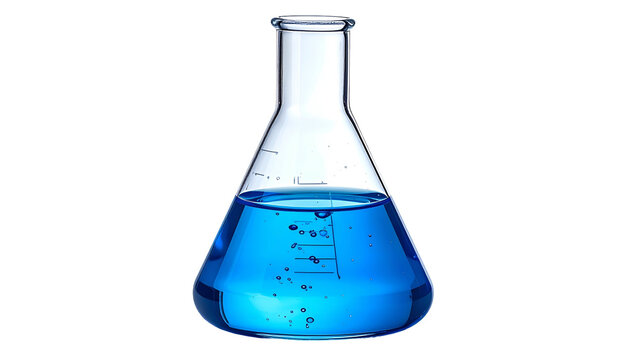 An isolated lab flask, clear glass with a conical body and narrow neck, filled with vibrant blue liquid, sits against black