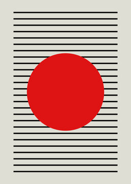 Red circle on black horizontal lines in abstract geometric illustration