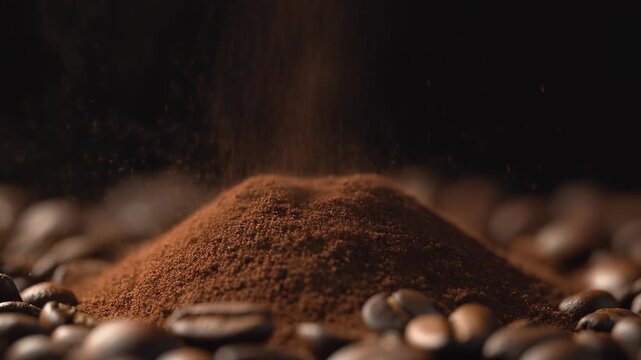 Freshly Ground Coffee Powder Pouring onto Roasted Beans in Slow Motion.