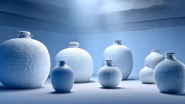 The seven white vases are displayed in a blue room with lighting from above.