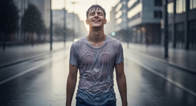 Happy young man enjoying summer rain in city street