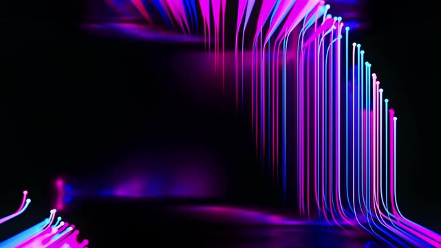 Glowing pink and blue neon light trails move along a geometric stair-step path against a dark reflective metallic background. This abstract 3D animation simulates high-speed data flow, perfect for