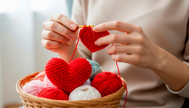 A cozy, homey atmosphere. A woman's hobby. A woman crochets a red heart as a holiday gift, with a woven basket of yarn nearby.