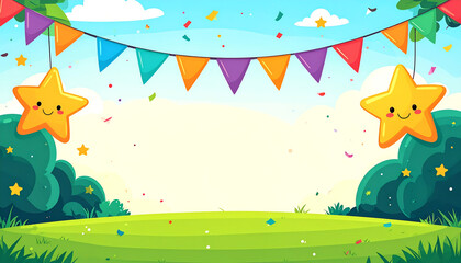 Happy Star Characters and Bunting Flags on a Sunny Green Field Background - Festive Celebration Invitation