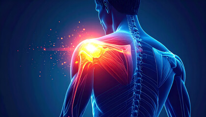 Human Shoulder Anatomy with Glowing Rotator Cuff Pain - Medical Illustration of Joint Injury and Inflammation