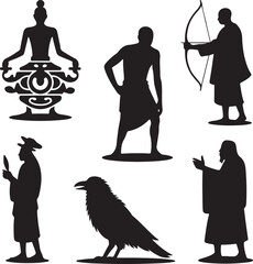 Silhouettes of people and a bird in various poses and activities