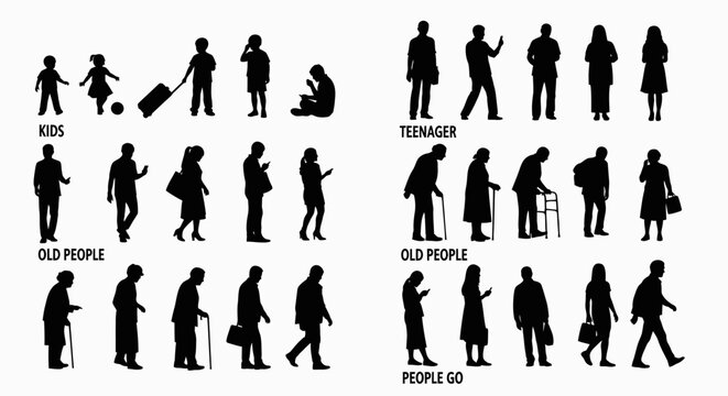 Collection of Silhouettes Representing Different Age Groups and Activities of People.