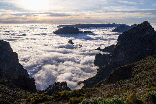 Clouds enveloping dramatic mountain landscape at Pico do Arieiro Madeira