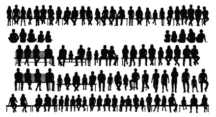 A comprehensive collection of diverse human silhouettes in various seated and standing poses, illustrating a crowd.