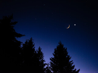 Fototapeta premium Crescent young Moon with stars, planets and rural countryside tree silhouettes.