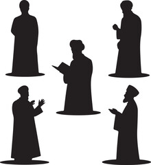 Silhouettes of people in robes with various poses and gestures